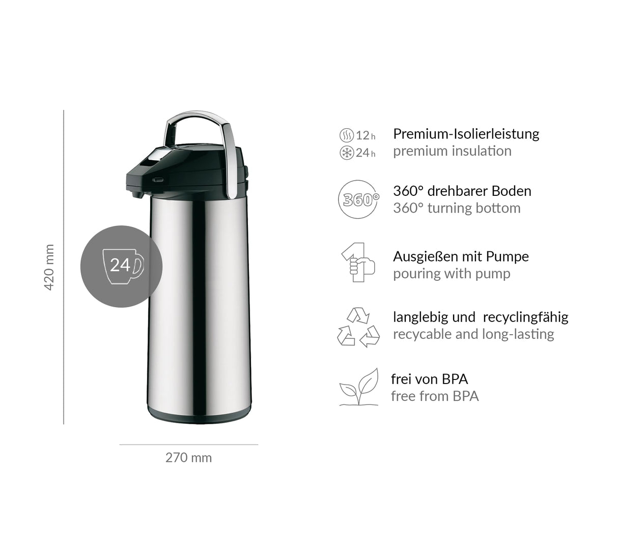 alfi GETRÄNKESPENDER 2,2 l, jarra con bomba de acero inoxidable pulido con inserción de vidrio duro, bomba integrada, mantiene el calor 12 horas y el frío 24 horas, 24 tazas, fondo 360°, para catering