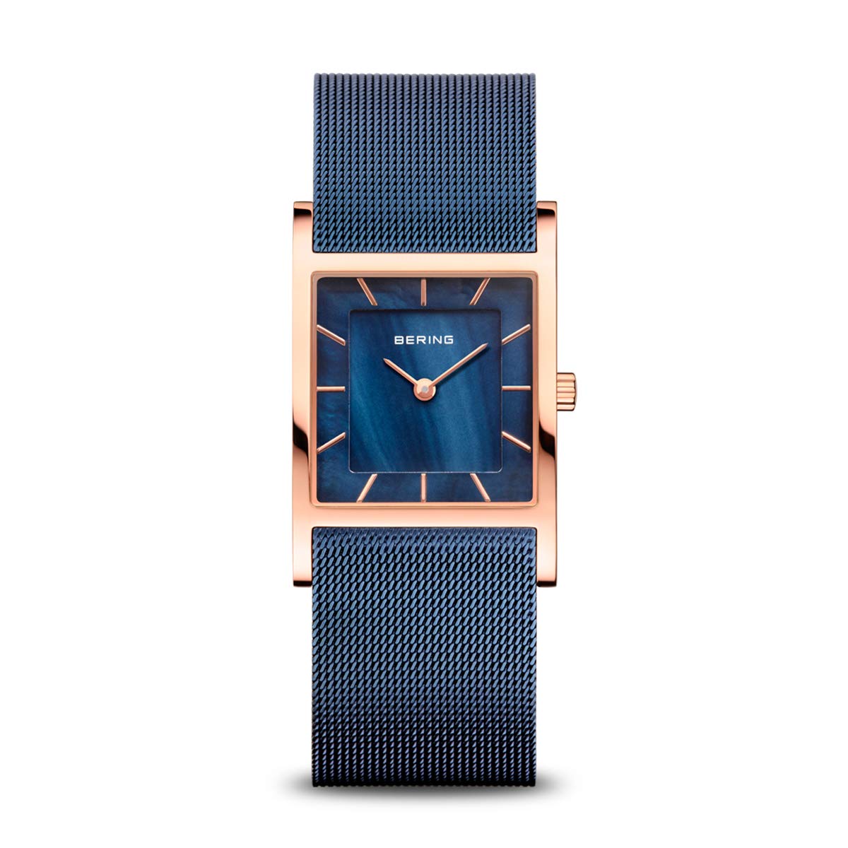 BERING 10426-367-S Reloj de cuarzo para mujer con caja de acero inoxidable de 26 mm con acabado en oro rosa y esfera azul, correa milanesa, cristal de zafiro y resistencia al agua de 5 ATM