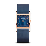 BERING 10426-367-S Reloj de cuarzo para mujer con caja de acero inoxidable de 26 mm con acabado en oro rosa y esfera azul, correa milanesa, cristal de zafiro y resistencia al agua de 5 ATM
