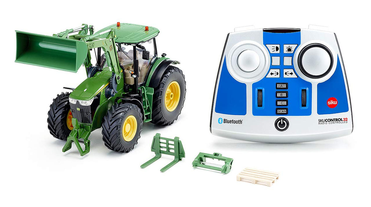 siku 6795, Tractor John Deere 7310R con cargador frontal, Verde, Metal/Plástico, 1:32, Teledirigido, Incl. mando a distancia bluetooth y accesorios, Control posible mediante app móvil