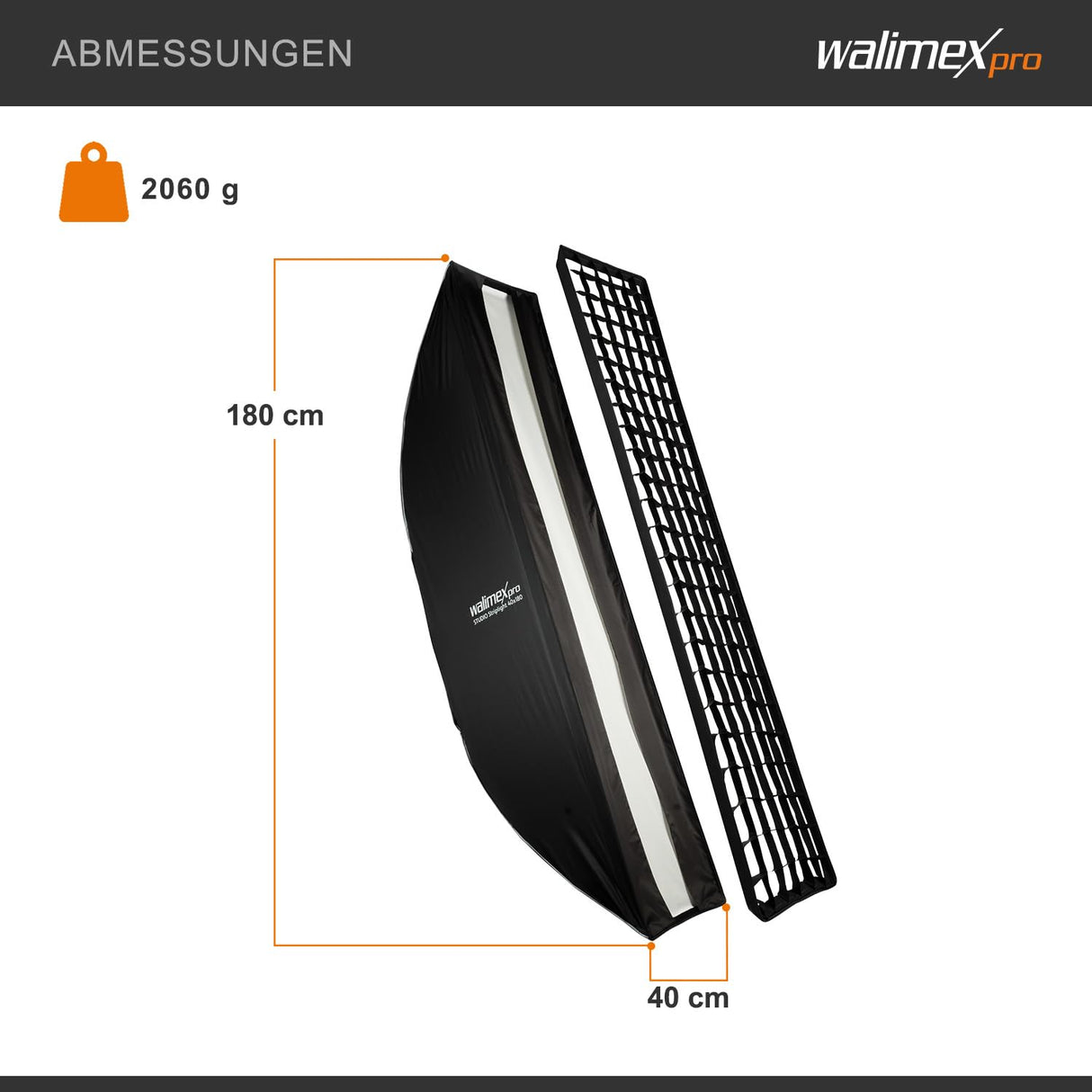 Walimex pro Studio Striplight Softbox 40 x 180 cm, Giratorio 360°, fácil Montaje Gracias a la función de sombrilla, Incluye Rejilla, máscara, Adaptador Bowens y Bolsa de Transporte, Ideal para