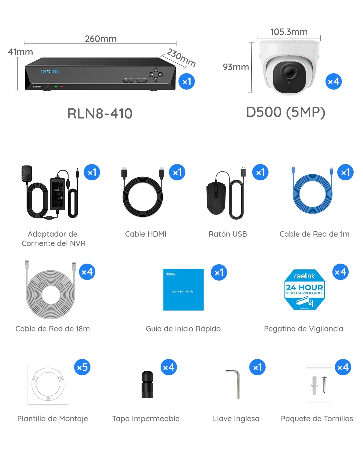Reolink 5MP Kit Cámaras de Vigilancia PoE, con 4X 5MP Detección de Personas/Vehículos Cámaras IP PoE Exterior y 8CH 4K NVR con 2TB HDD, Grabación Continua, Vision Nocturna, RLK8-520D4-5MP
