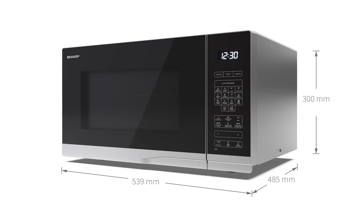 SHARP YC-PC322AE-S Microondas con grill y aire caliente (1000 W, 32 L, 10 niveles de potencia, función eco, función descongelador), color plateado y negro