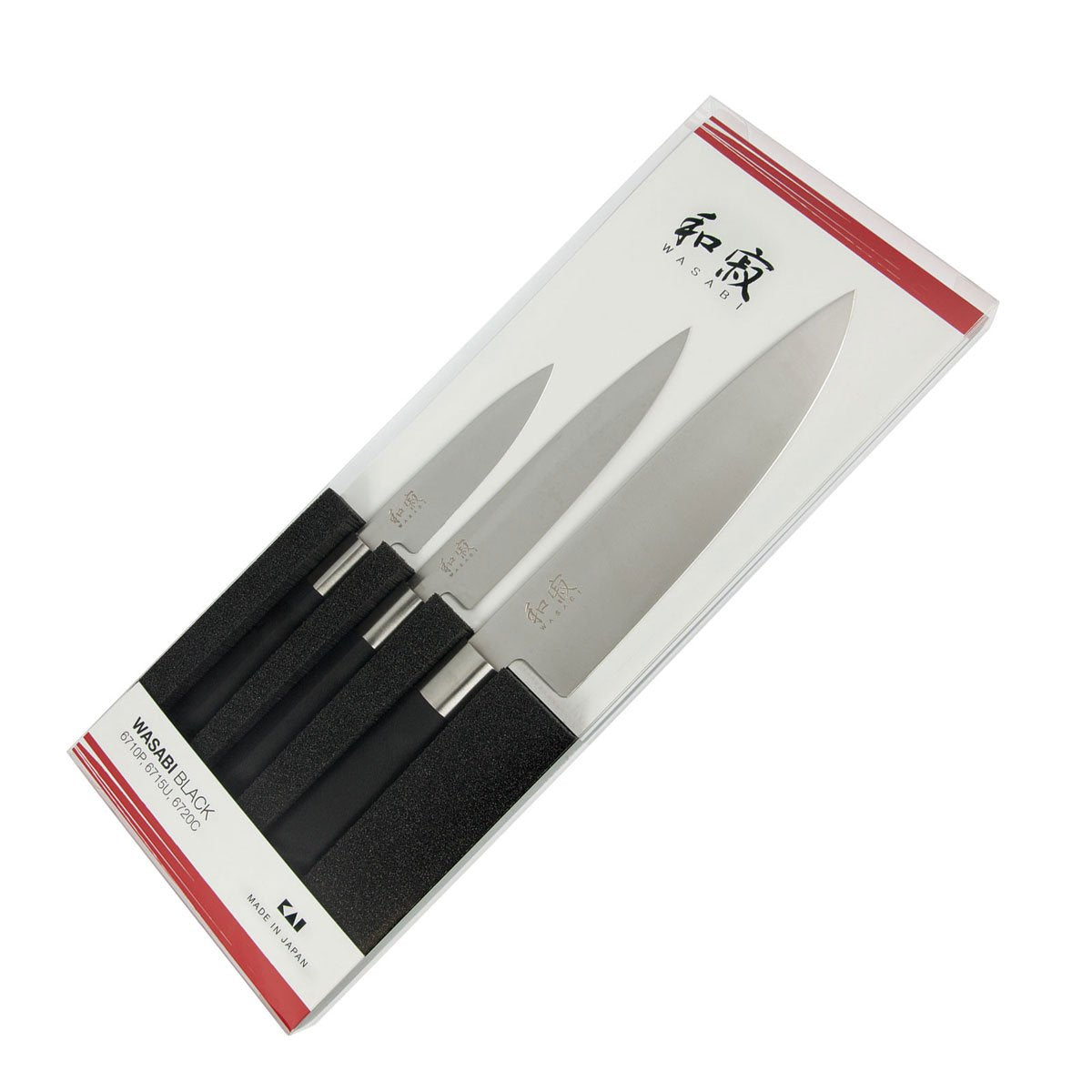 KAI Wasabi Black Juego de cuchillos 3 piezas - Cuchillo multiusos de 10 cm, Cuchillo multiusos de 15 cm, Cuchillo de chef de 20 cm - Acero inoxidable 6A/1K6 pulido 58 HRC Mango de polipropileno negro