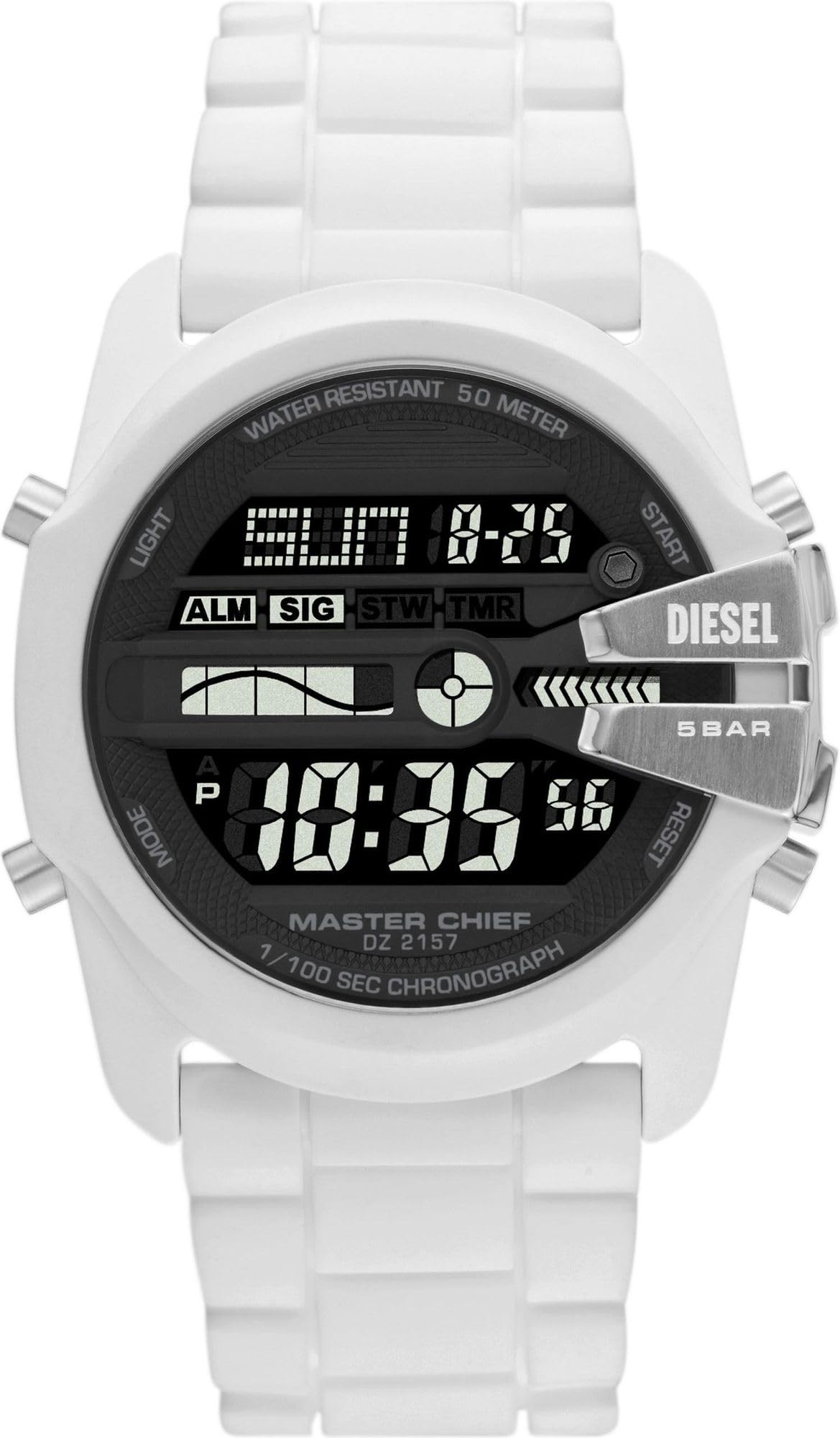 Diesel Reloj para hombre Master Chief, movimiento LCD, 44mm Caja de silicona blanca con correa de silicona, DZ2157