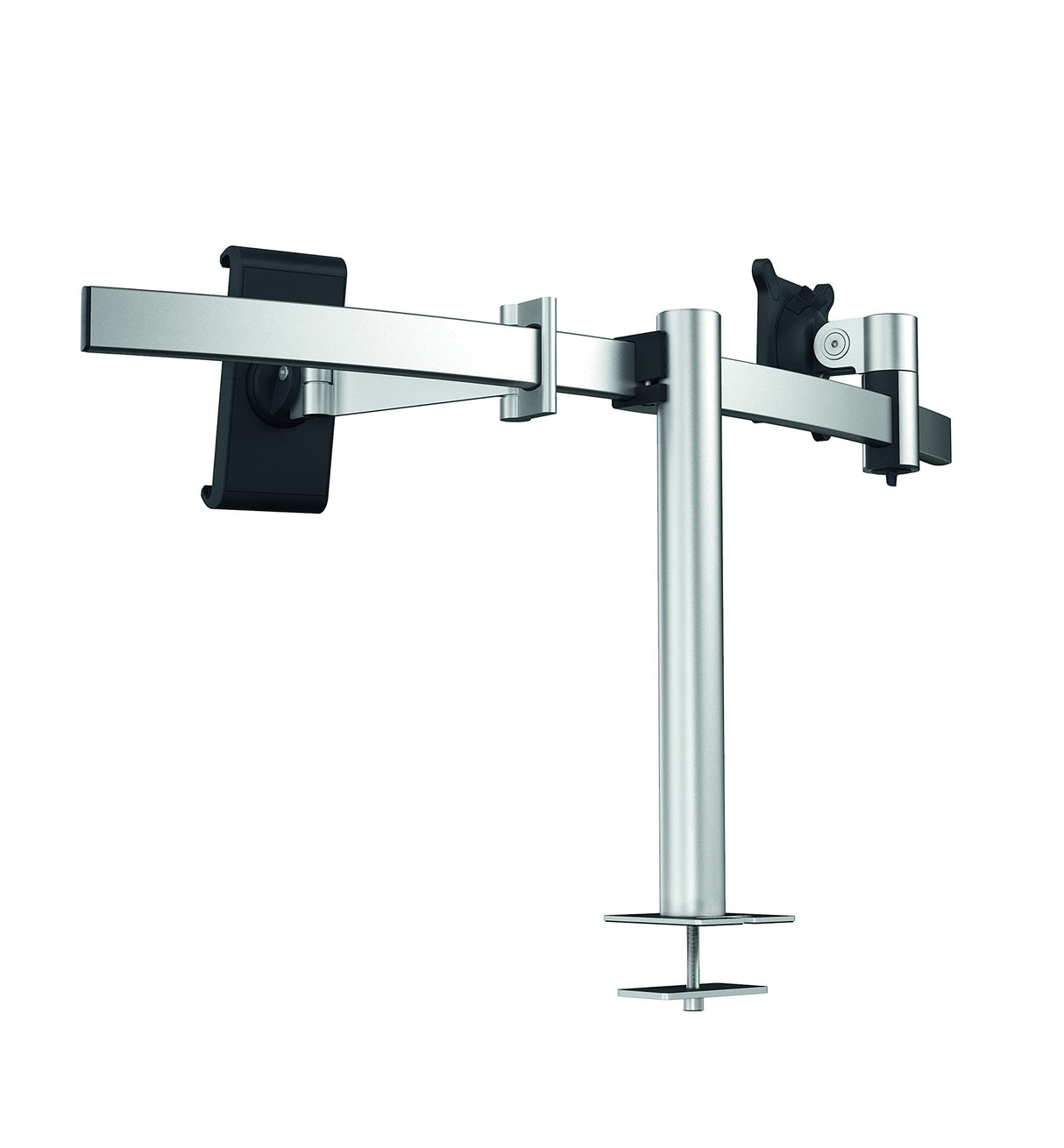 Durable Soporte de mesa Pro para 1 monitor de 21-27" y 1 tableta de 7-13", con paso de mesa, giratorio en 360°, inclinable, ajustable en altura, 508823, plata
