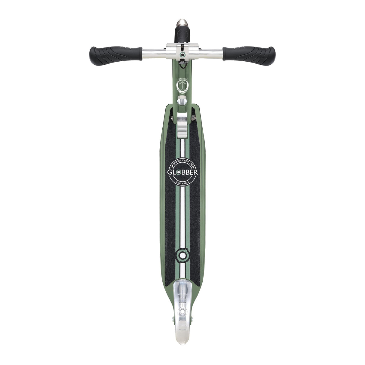 Globber - Flow Element Lights - Patinete Plegable de 2 Ruedas con luz LED, Freno Trasero y Manillar Ajustable, Desde los 5 años, para niños y Adolescentes - Verde Oliva
