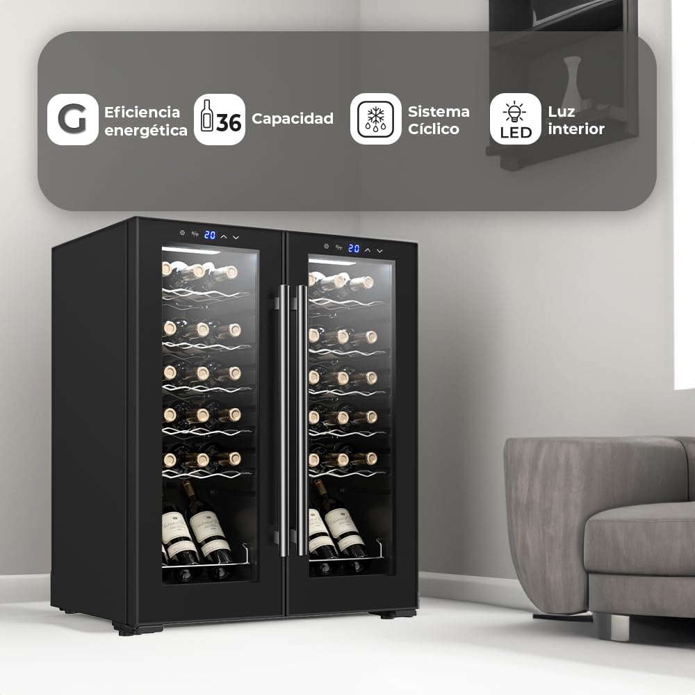 SVAN Vinoteca 36 Botellas Negro SVN3600D2. 60W, Display LED táctil, Pantalla Digital Exterior, 12 Rejillas Metálicas, Clase de Eficiencia Enérgetica G