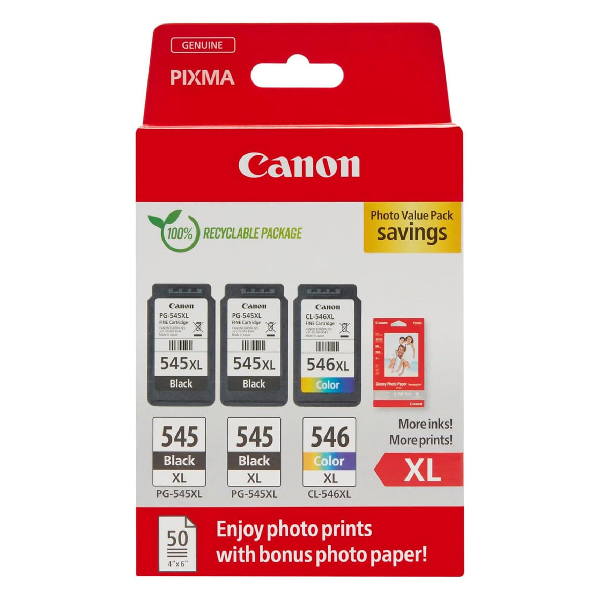 Canon Tinta y Papel - PG-545XL + CL-546XL - 3 Cartuchos Originales de Alta Capacidad (x 2 Negro x 1 Tricolor) + Papel fotográfico 10 x 15cm (50 Hojas)