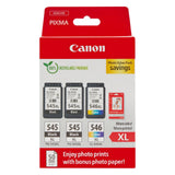 Canon Tinta y Papel - PG-545XL + CL-546XL - 3 Cartuchos Originales de Alta Capacidad (x 2 Negro x 1 Tricolor) + Papel fotográfico 10 x 15cm (50 Hojas)