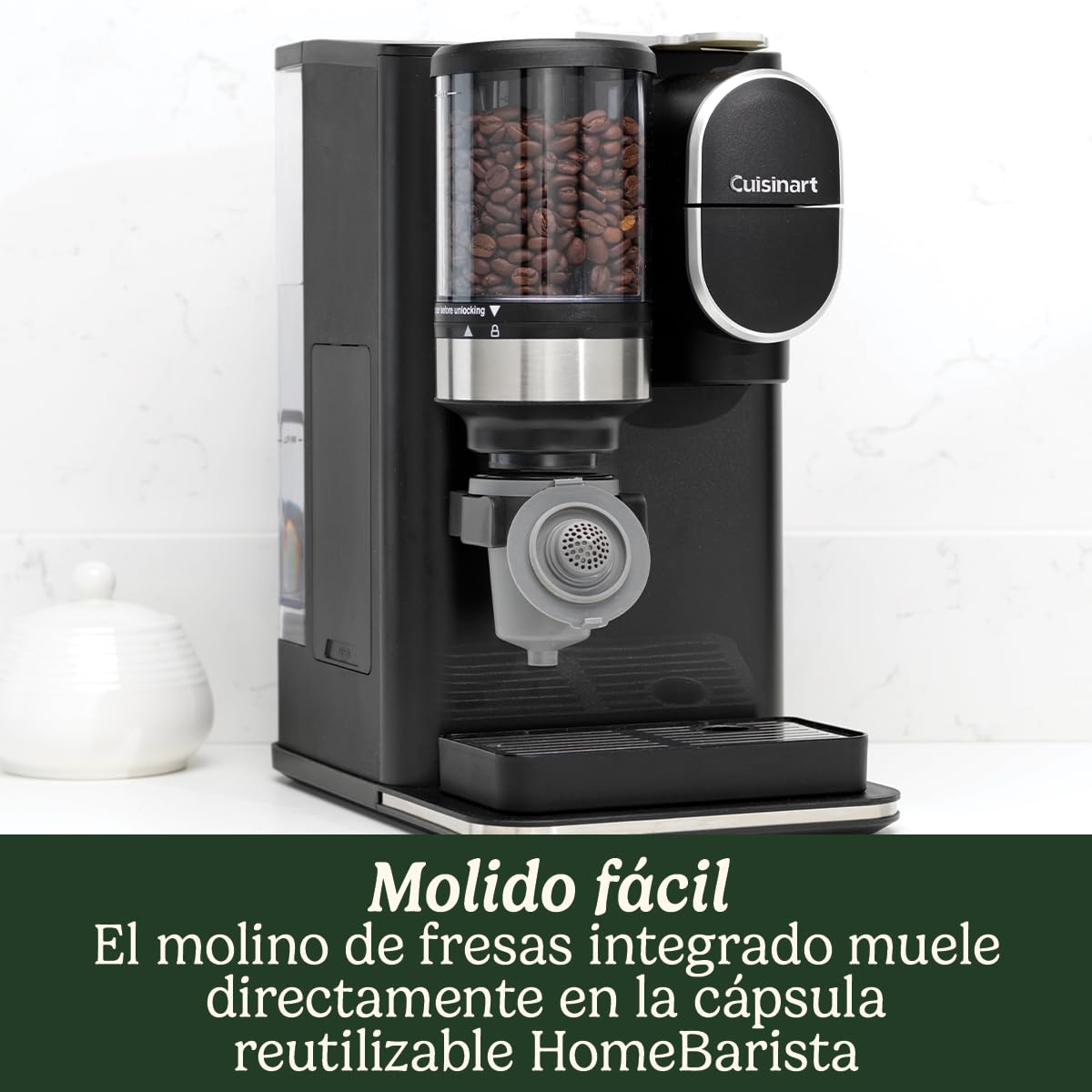 Cuisinart Cafetera One Cup Grind And Brew | Café en grano en taza, monodosis | Molinillo cónico | Ajuste la intensidad del café, 3 tamaños de taza a elegir | Cápsula de filtro reutilizable | Negra