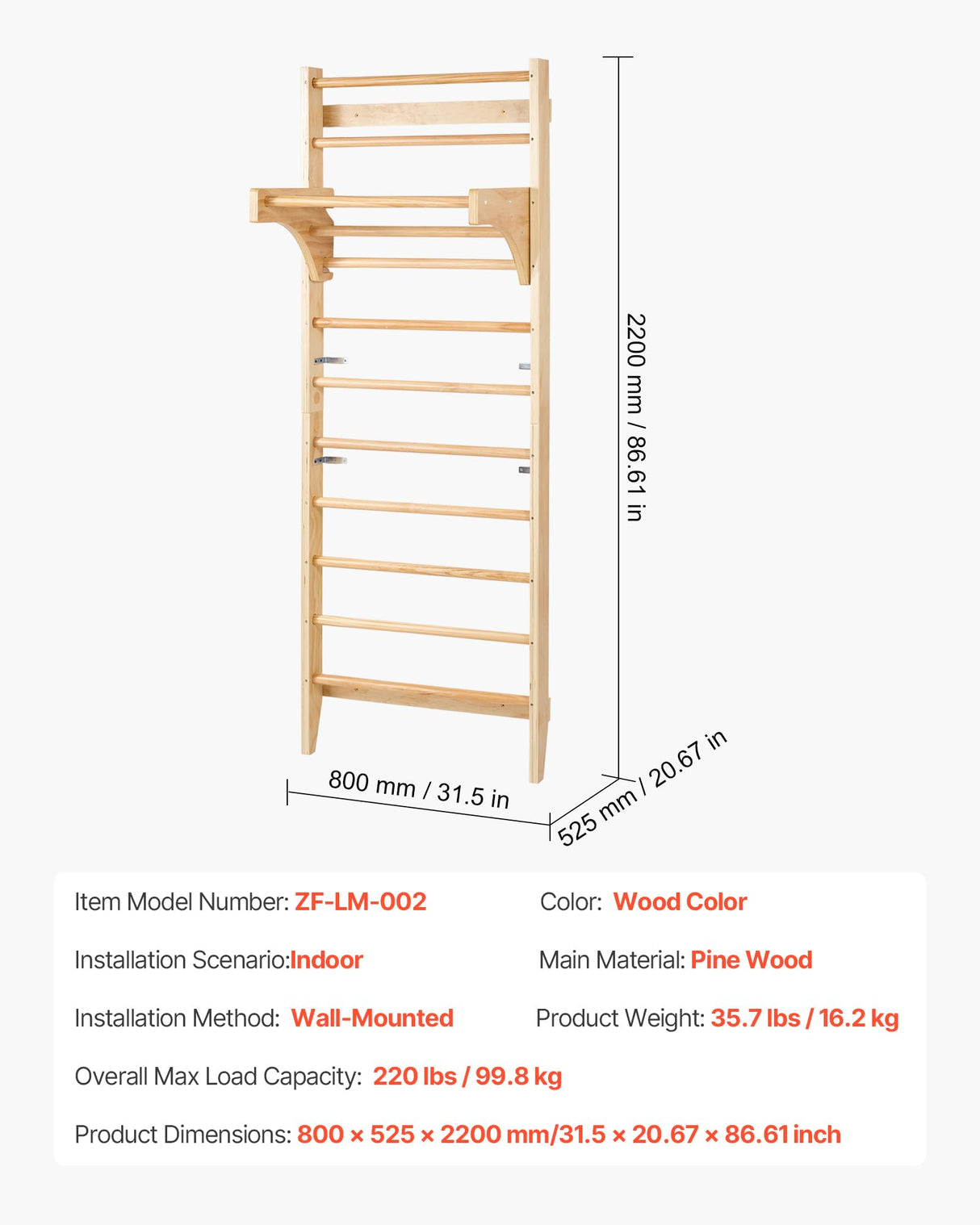VEVOR Interior de Madera Maciza Niveles, Escalera de Escalada Carga de 99,8 kg, Gimnasia con Barra de Dominadas para Niños y Adultos, Color (10-Level Solid Wood Indoor Jungle Gym)