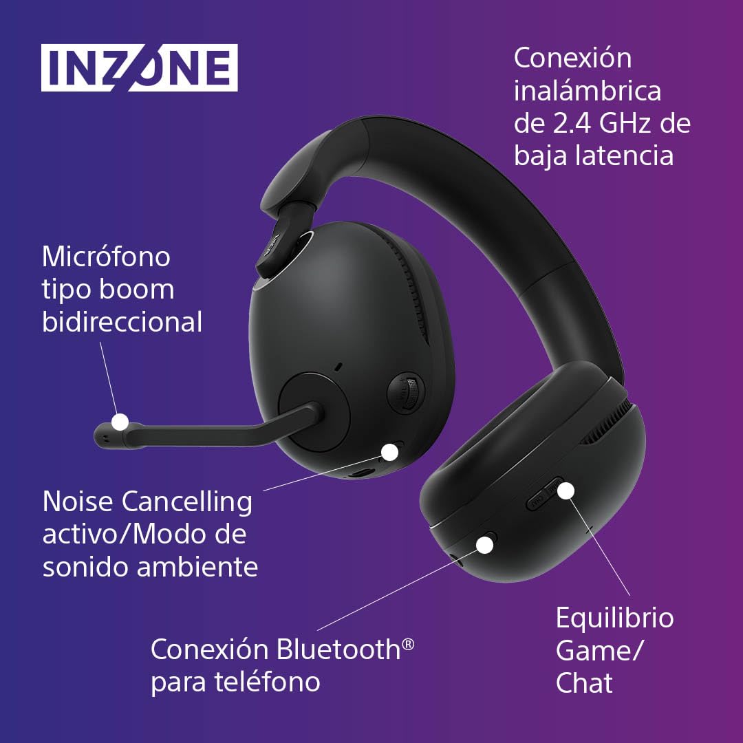 Sony INZONE H9, Auriculares inalámbricos Noise Cancelling Gaming, 360 Spatial Sound, cómoda sujeción, 32 Horas autonomía, Baja latencia, micrófono Boom de Calidad, Compatible con PC y PS5
