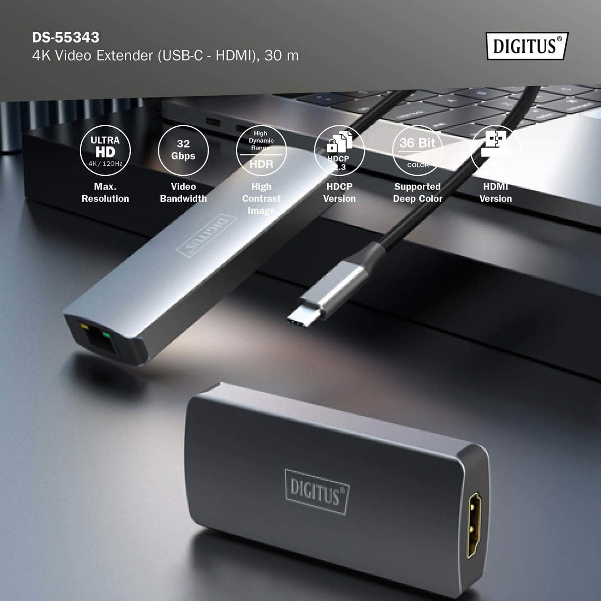 DIGITUS DS-55343 Extensor USB-C a HDMI – UHD 4K 120 Hz – 30 m a través de cable LAN – Set: emisor y receptor – HDMI 2.1, HDCP 2.3, USB 3.1 – HDR, Deep Color