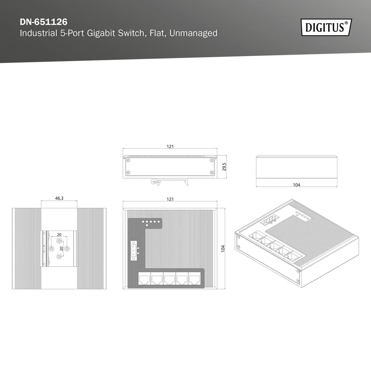 DIGITUS Conmutador de Red Plano - 5 Puertos Gigabit Ethernet - Montaje en Carril DIN - Bloque de terminales - Sin Ventilador - Negro/Azul