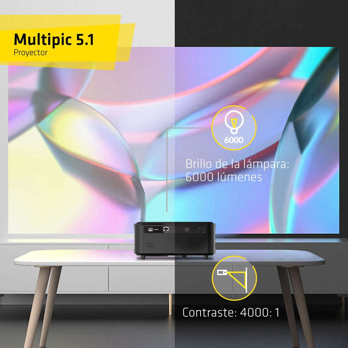 OVERMAX Proyector LED de 80 W con Pantalla de Espejo, Full HD 1080p hasta 200 Pulgadas, Altavoz Integrado, Sistema Android 9.0, duración de la lámpara: 50.000 Horas, Wi-Fi, Bluetooth, 2 HDMI, 2 USB,