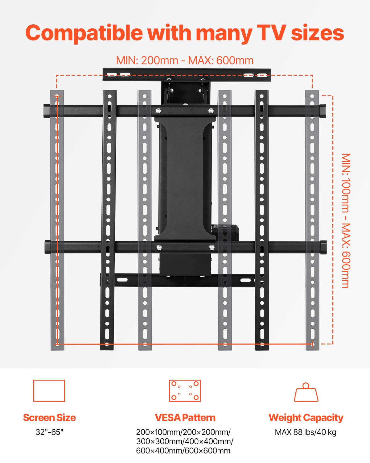 VEVOR Soporte para TV de Pared motorizado, Marco Soporte para TV Dimensiones de 813 a 1651 mm, Marco Porta televisión Plegable Ajustable con VESA máx. 60 x 60 cm, Carga máx. 40 kg