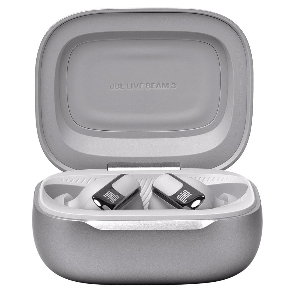 JBL Live Beam 3 Auriculares inalambricos de botón con almohadillas,True Wireless con cancelación de ruido adaptable, hasta 48 horas de reproducción, Bluetooth, audio de alta resolución, plateado