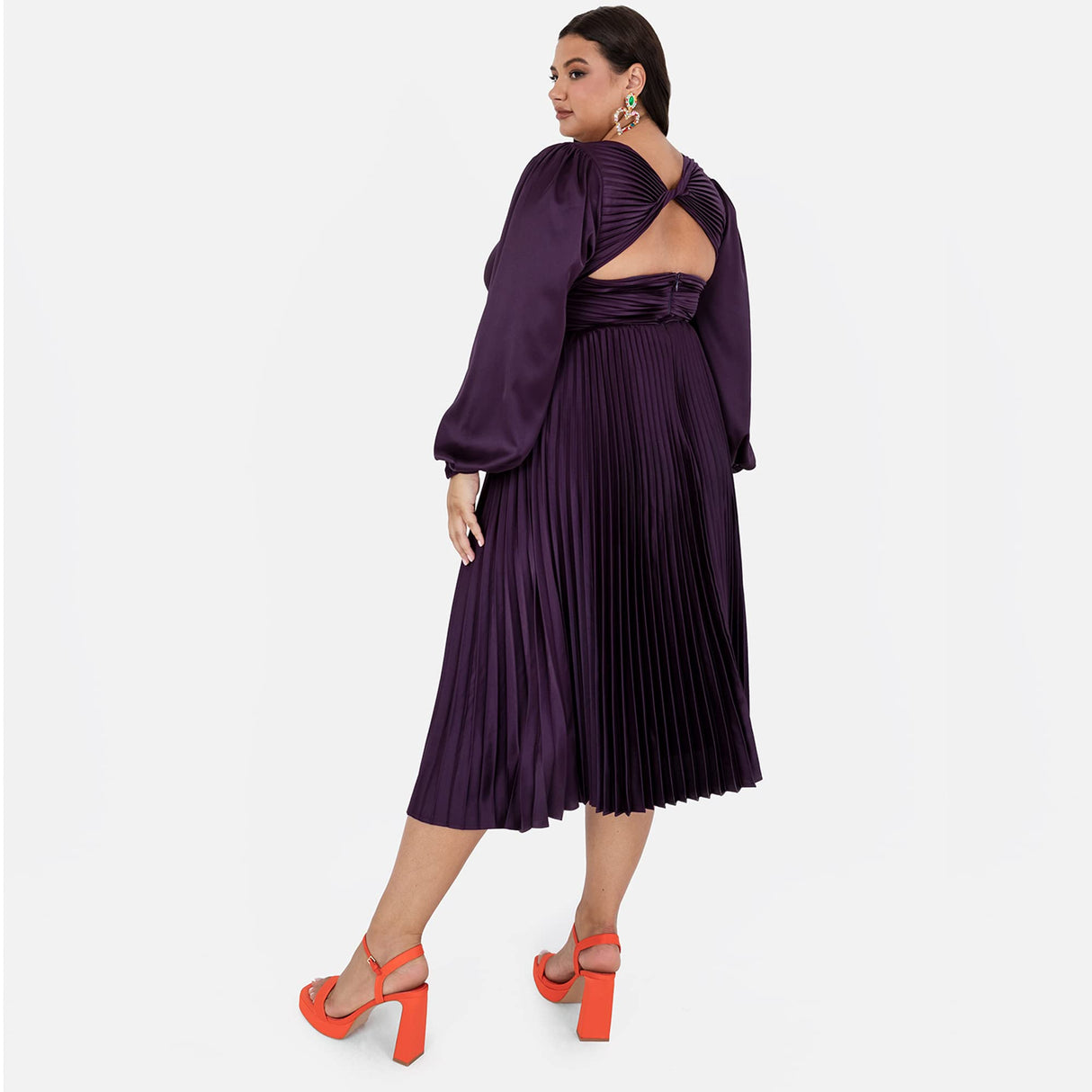 Lovedrobe Pleated Midaxi Dress Ladies Evening Gown V Neckline Back Keyhole Long Sleeve Bishop Satin A Line Vestido, Purple, 22 para Mujer