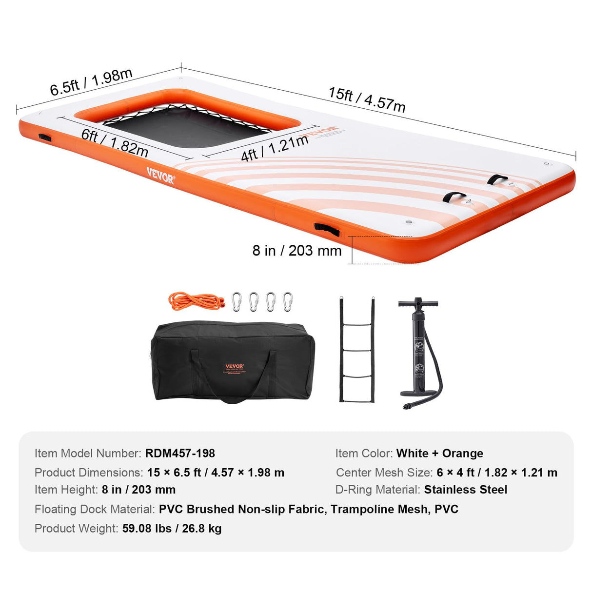 VEVOR Plataforma de Muelle Inflable 4,57 x 1,98 m con Trampolín de Piscina de Malla Central 1,21 x 1,82 m Estera de Agua Antideslizante Bolsa Portátil Escalera Extraíble para Relajarse Piscina Playa