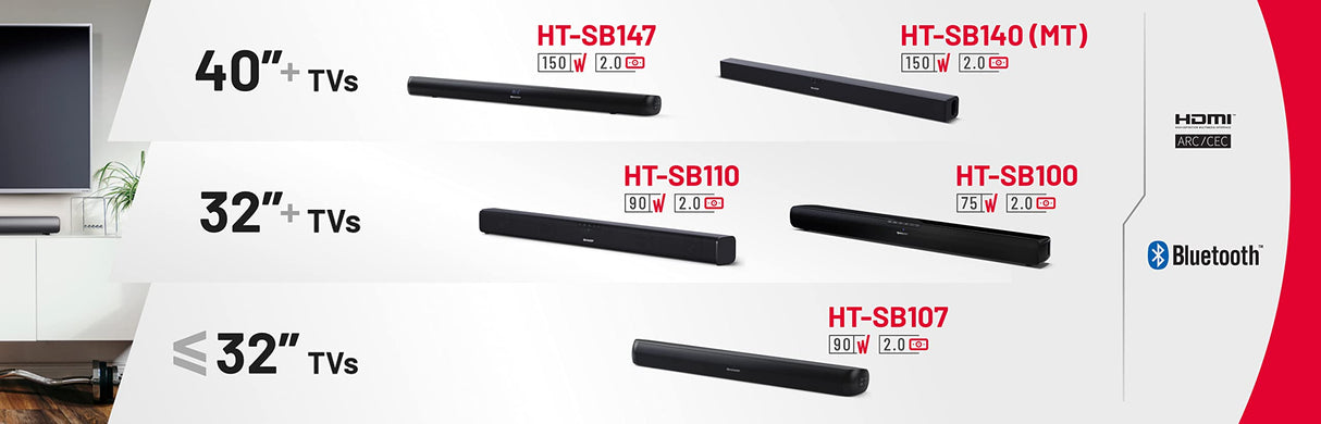 Sharp HT-SB140MT 2.0 Barra de Sonido, Cine en Casa, Bluetooth con HDMI ARC/CEC, Potencia Máxima Total de Salida 150 w, 95 cm, Color Negro Mate