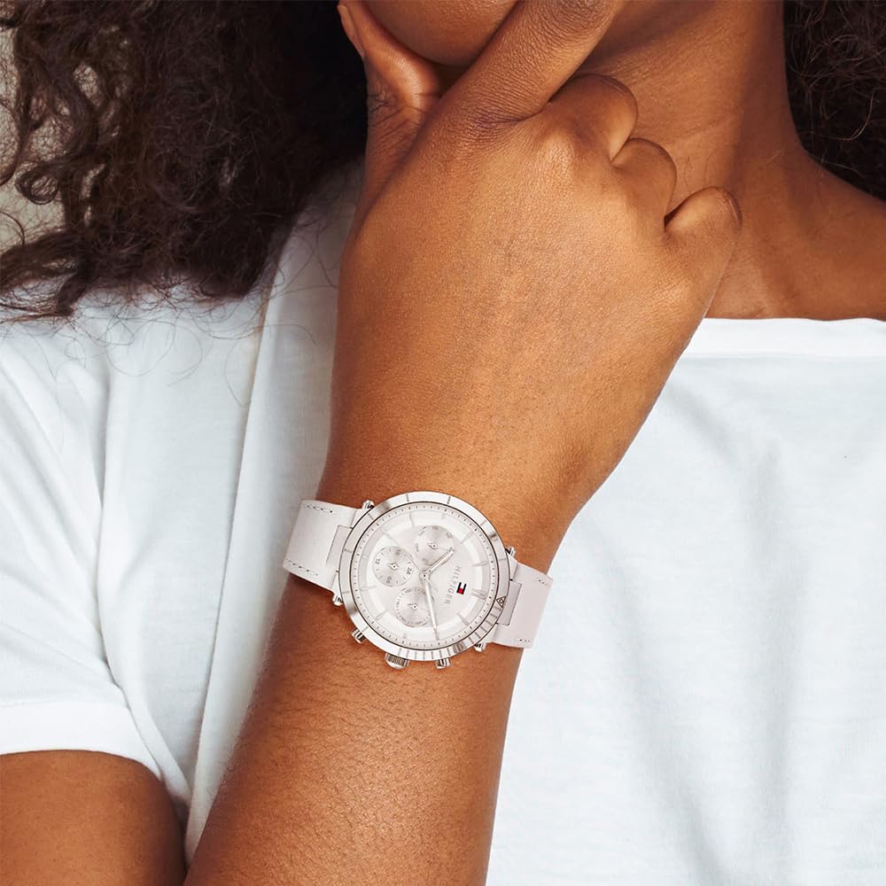 Tommy Hilfiger Reloj Analógico de Cuarzo Multifunción para Mujer con Correa de Cuero Blanca - 1782352