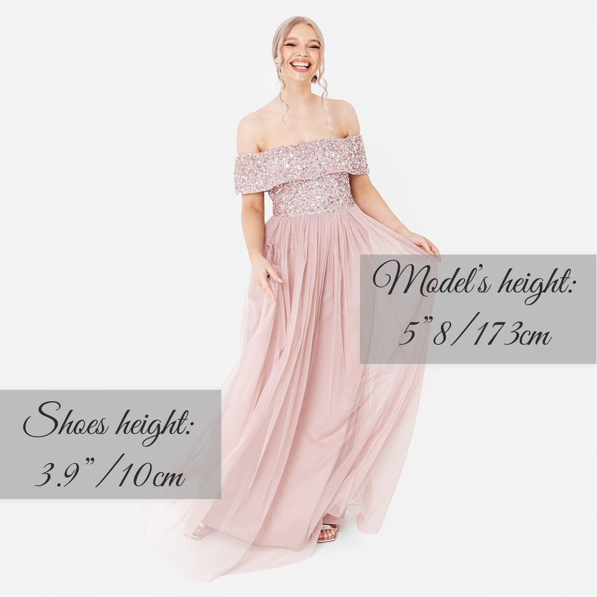 Maya Deluxe Maya Frosted Pink Bardot Embellished Maxi Dress Vestido de Dama de Honor, 10 para Mujer