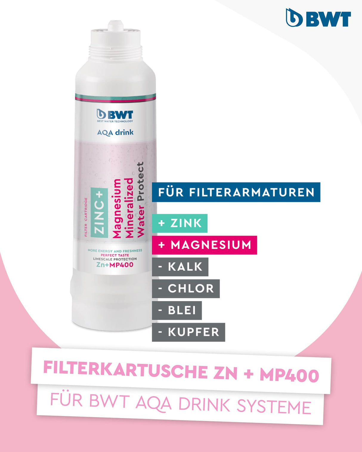 BWT Filtro de agua AQA drink Zinc + MP400 | Vela de filtro con zinc y magnesio | Filtro de agua potable | Filtra cal, cloro, plomo y cobre