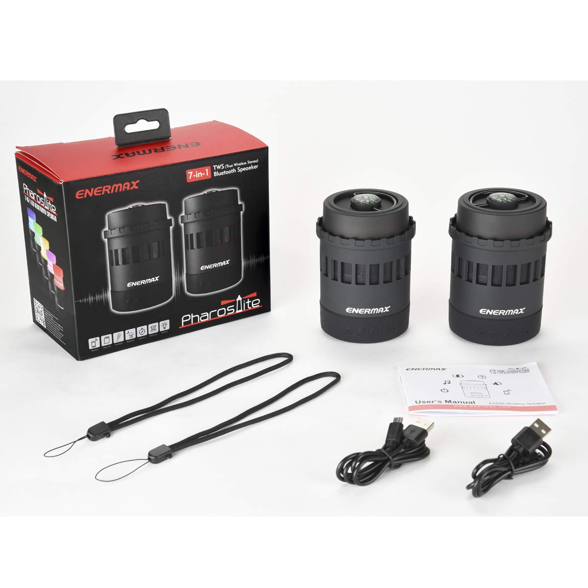 Enermax Pharoslite Negro, 2 Altavoces Bluetooth inalámbricos, Altavoz estéreo HD, LED, Graves potentes, Micro SD, Linterna SOS, luz Nocturna, brújula, Taza, 6 Modos RGB, batería 6h, P 10m