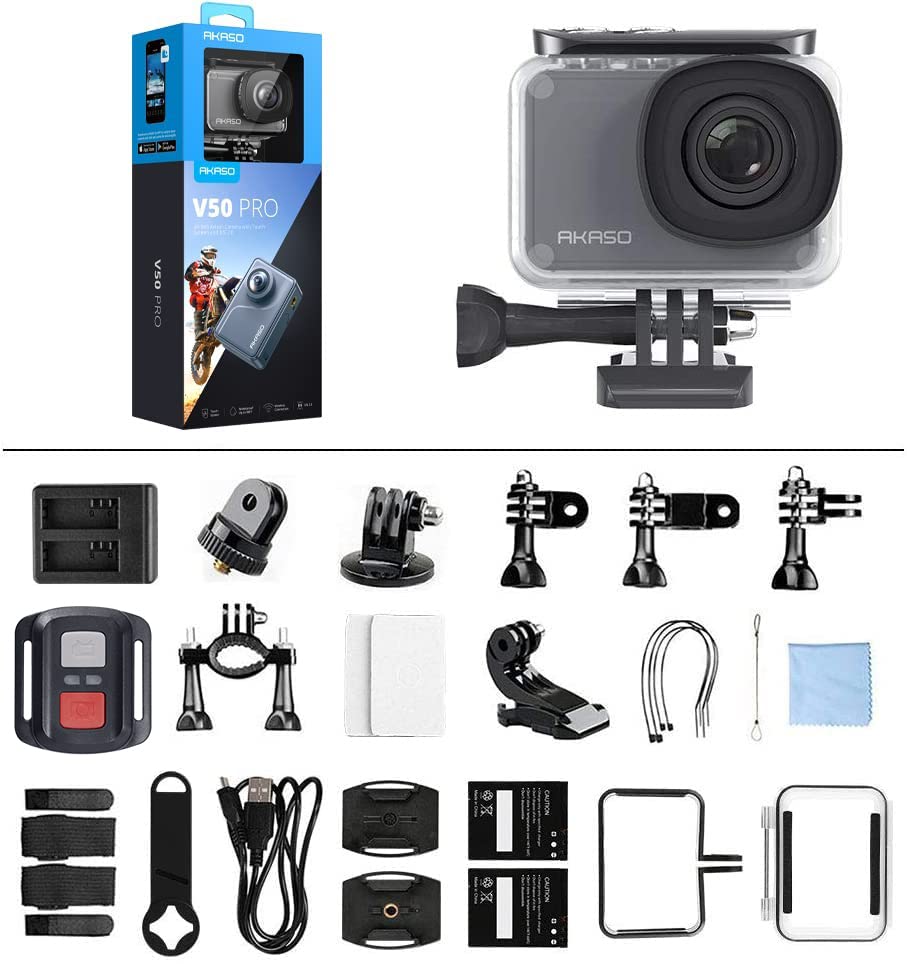 AKASO Cámara Deportiva Nativo 4K/30fps 20MP WiFi Cámara de Acción con Pantalla táctil Cámara Sumergible Acuática 30M 170° Gran Angular Control Remoto EIS 2 Baterías Multi Accesorios (V50 Pro)