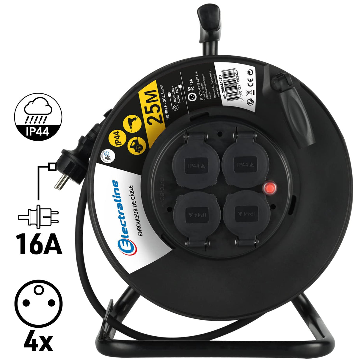 Electraline 20868128D - Prolongador eléctrico (IP44 profesional (25 m, con enrollamiento), color negro
