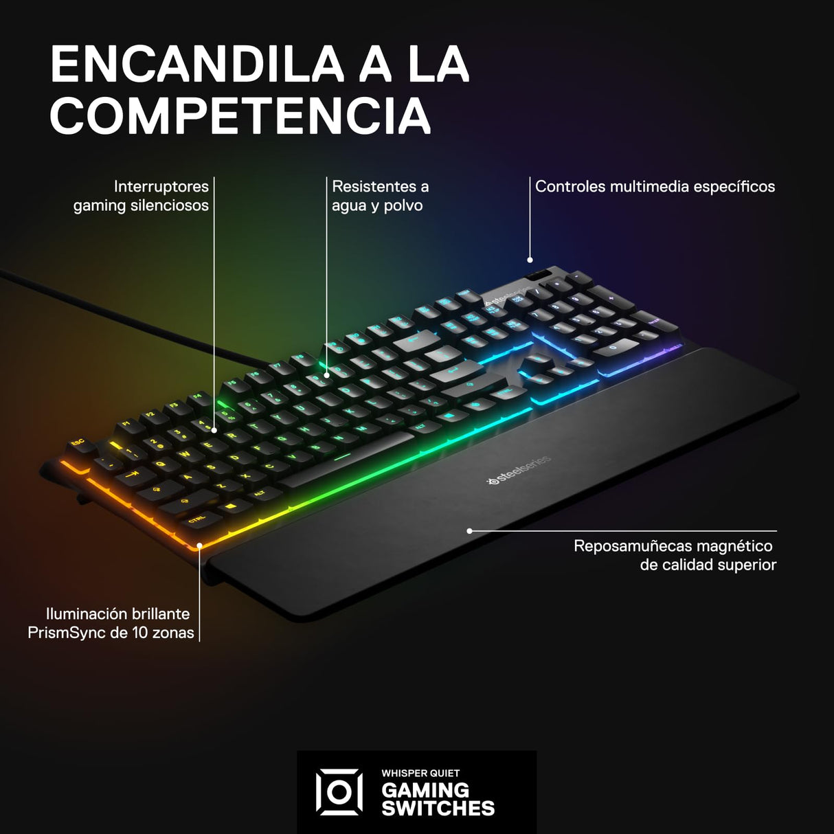 SteelSeries Apex 3 - Teclado RGB para gaming - Iluminación RGB de 10 zonas - Resistencia al agua IP32 - Reposamuñecas magnético superior - Teclado QWERTY Estadounidense