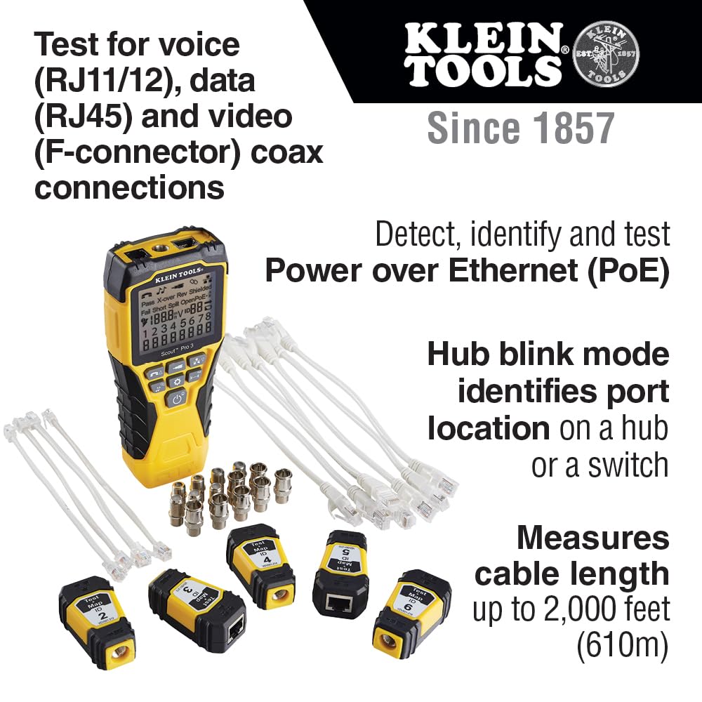 Probador de cables, Scout Pro 3 con control remoto Test-n-Map, incluye controles remotos #2 - #6, prueba cable de voz, datos y video, Klein Tools VDV501-853