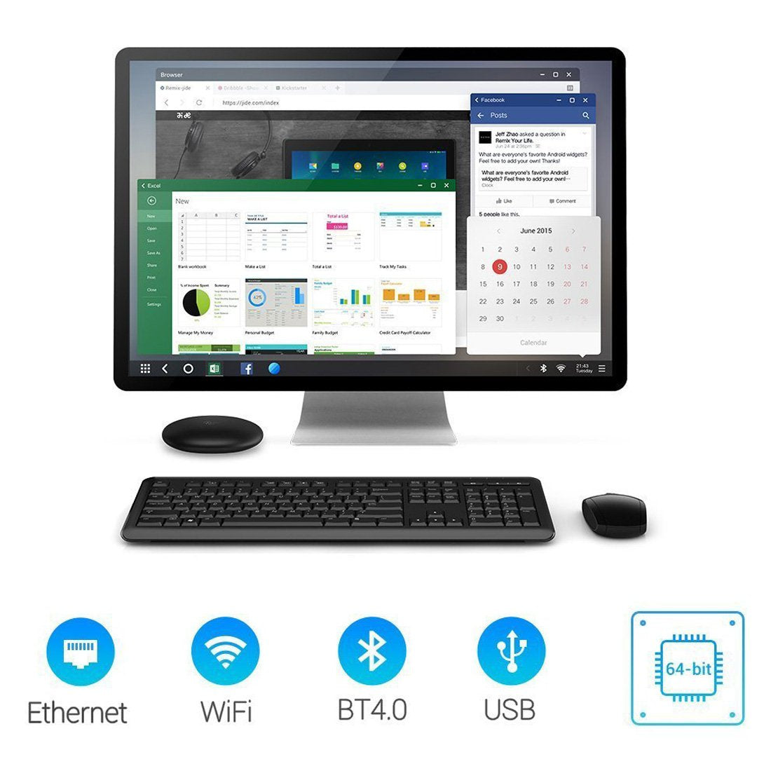 Remix Mini PC portátil Smart Android TV Box A53 1,2GHz Quad Core CPU 2GB RAM 16GB ROM WiFi 802.11b/g/n 10/100 Base-T Ethernet BT4.0 H.265 4K con Potente Remix OS 2.0 (Basado en Android 5.1) Proporcione Multitarea Multiple Windows Taskbar Funciones Ayuda t
