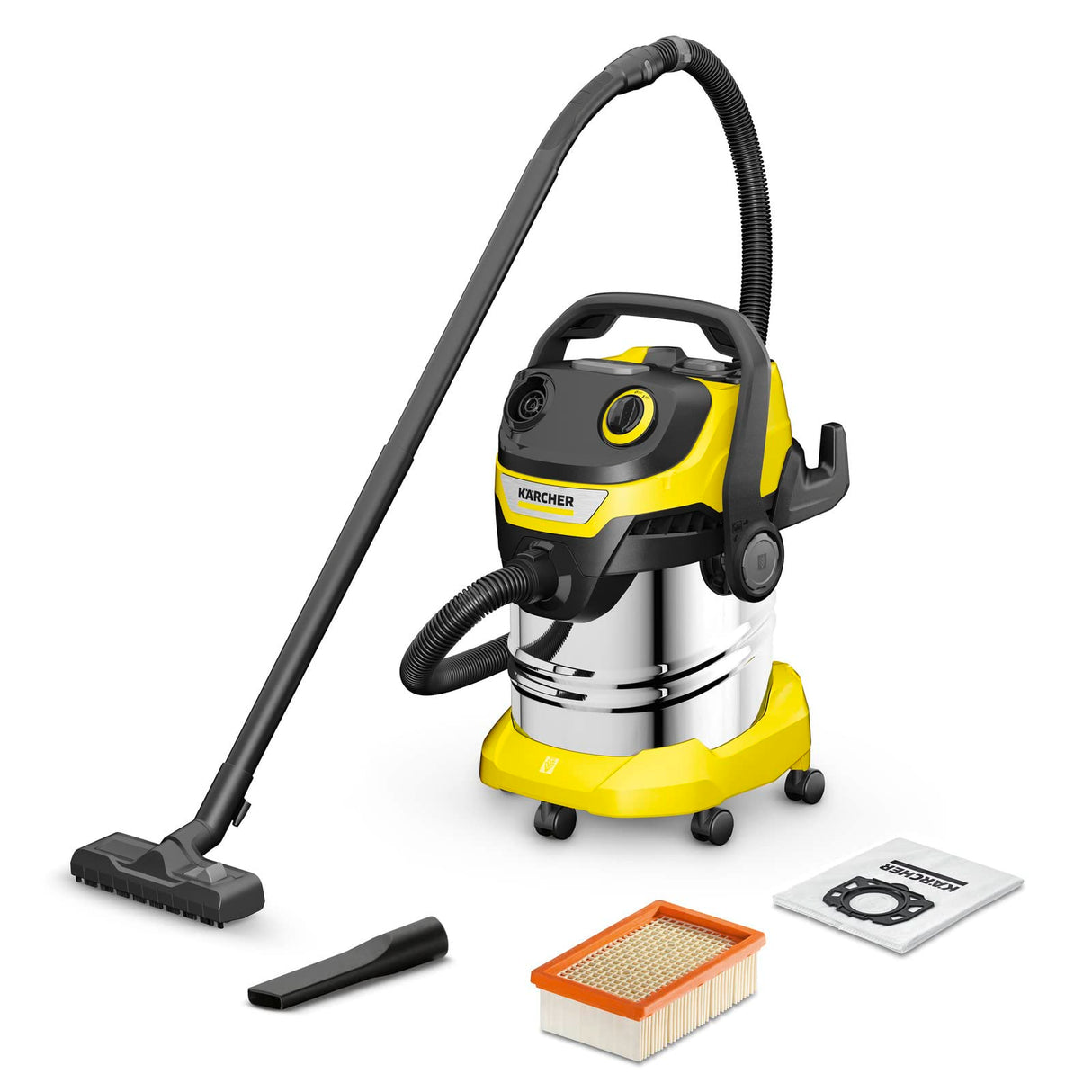 Kärcher, Aspirador en Seco y Húmedo WD 5 S V-25/5/22, Filtro plegado plano, 1100 W, Yellow/Black, Depósito 25 l, Manguera aspiración 2,2 m y almacenamiento de manguera
