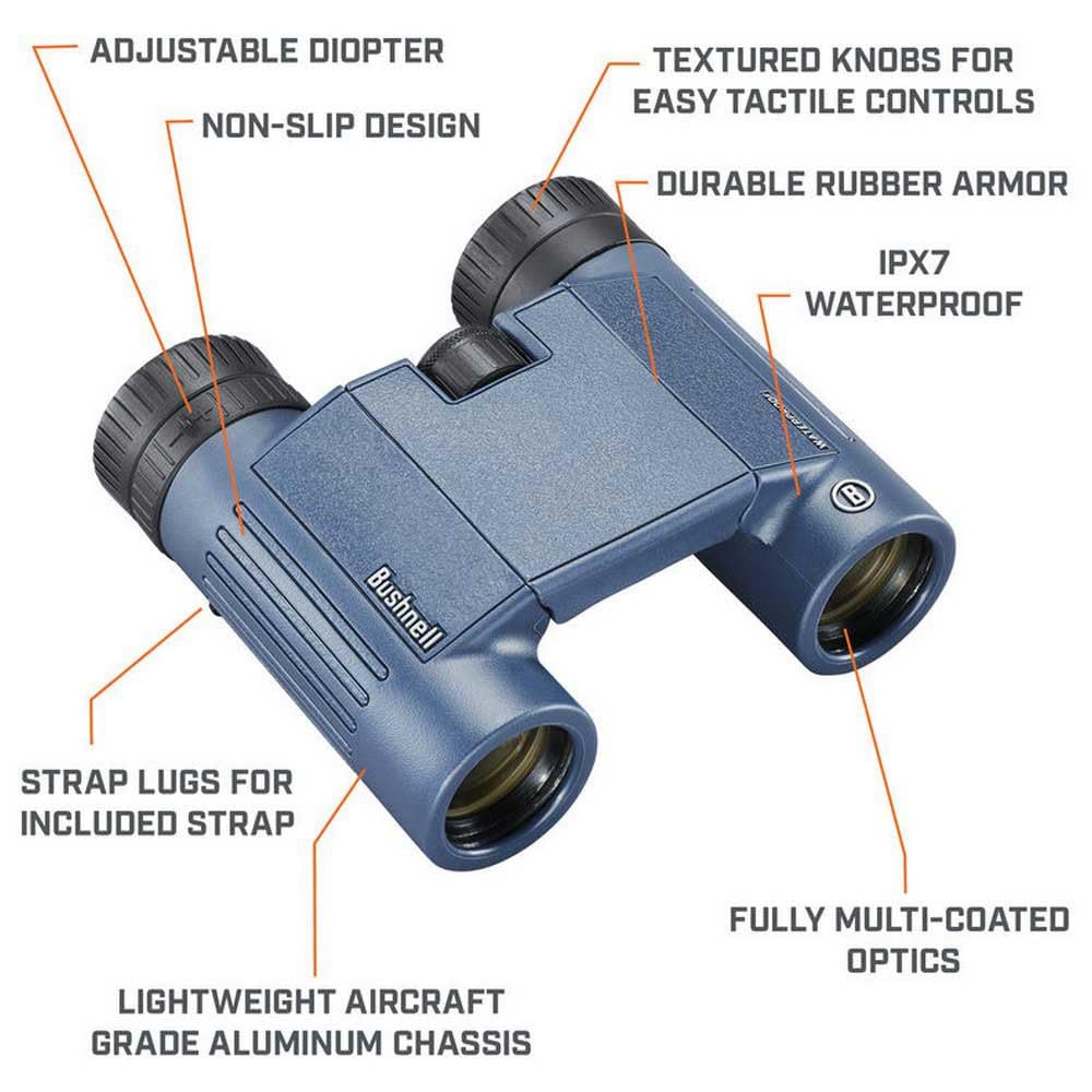 Bushnell - H2O 2 - Prismáticos - 12x25 - Prisma de Techo - Azul Oscuro - Completamente Multicoated - Impermeable/Niebla - Oculares giratorios - Deportes acuáticos - Náutica - 132105R