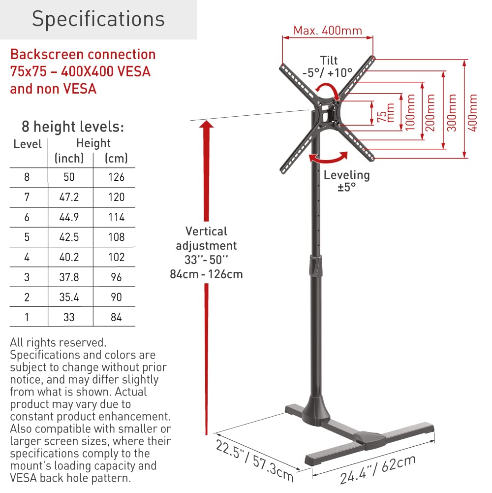 Barkan Soporte TV de Suelo para Pantallas de 13-65 Pulgadas, Giratorio e inclinación y Altura Ajustable, Acabado Brillante, TV Pie, Peso máximo 36Kg, hasta VESA 400x400