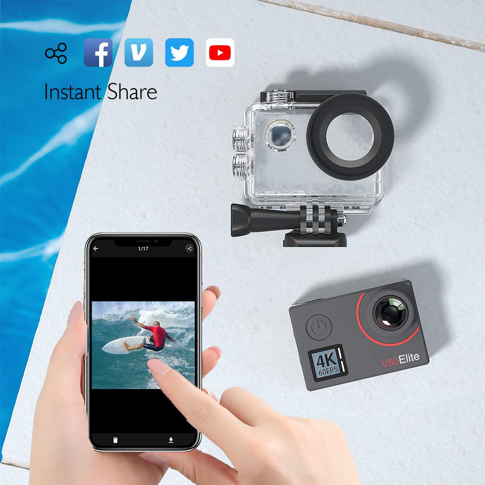 AKASO V50 Elite Cámara Deportiva con Tarjeta de Memoria MicroSDXC de 64GB Cámara de Acción WiFi 4K 60fps 20MP con EIS Pantalla Táctil Control de Voz 8X Zoom Cámara Acuatica Sumergible 40M 2 Baterías
