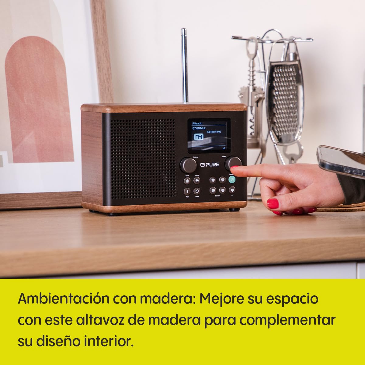 Pure Classic H4 Radio Digital de Cocina (Dab+/FM, Bluetooth, USB, AUX, Temporizador de Cocina, Alarma), Café Negro/Nogal