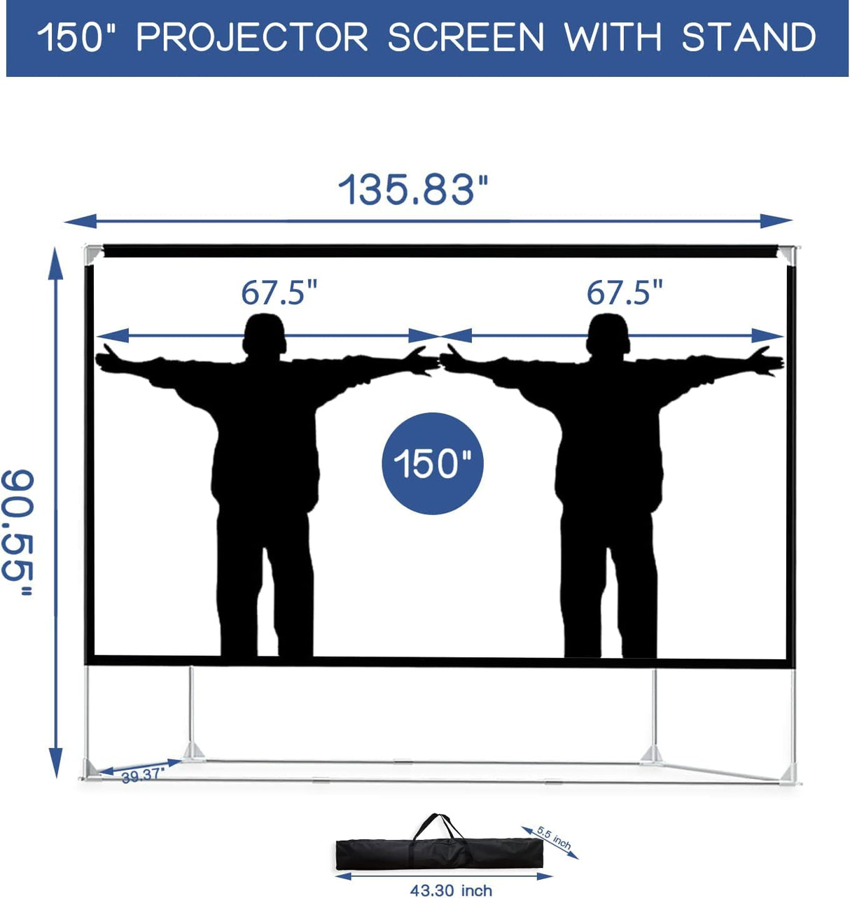 Pantalla de proyector y soporte de 150 pulgadas, 16:9 HD 4K, pantalla de proyector grande para exteriores, pantalla de proyección portátil con bolsa de transporte para cine en casa, patio, cine, viaje