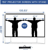 Pantalla de proyector y soporte de 150 pulgadas, 16:9 HD 4K, pantalla de proyector grande para exteriores, pantalla de proyección portátil con bolsa de transporte para cine en casa, patio, cine, viaje