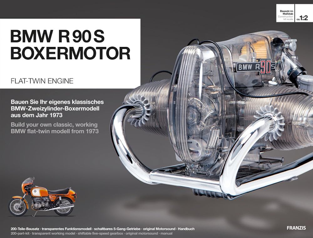 Franzis BME019 67009 0 BMW R 90 S Boxermotor originalgetreues Modell, Bausatz mit schaltbarem 5 Gang Getriebe, über 200 Teile und Begleitbuch, bunt