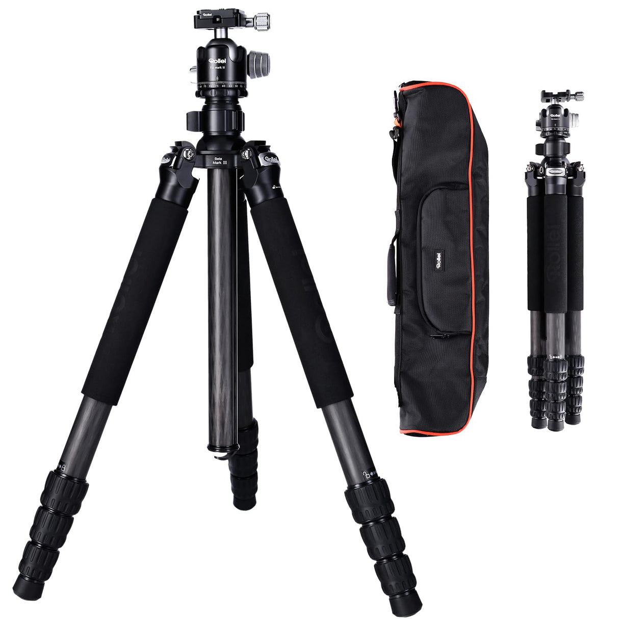 Rollei Rock Solid Beta Mark III, 178,5cm Tripode Fibra de Carbono Trípode Cámara Negro con Capacidad de Carga de 24kg Camera Tripod Flexible con Función de Monopié para Fotografía Profesional