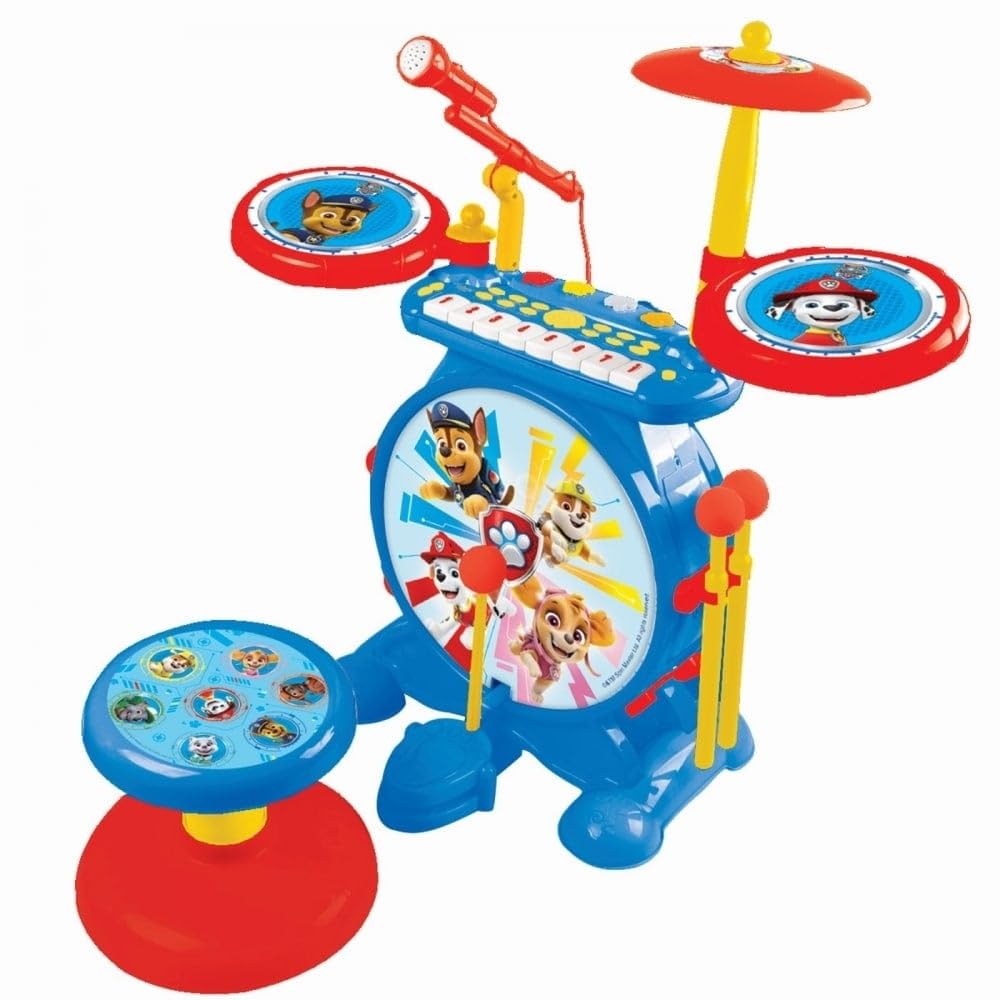 Lexibook, Paw Patrol, Set electrónico para niños, Juego de Juguete Musical, Sonido de batería Realista, Teclado de 8 Teclas, Enchufe MP3, Asiento Incluido, Azul/Rojo, K610PA