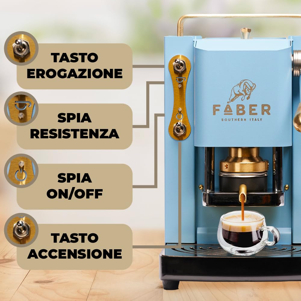 FABER COFFEE MACHINES | Modelo Pro Mini Deluxe | Cafetera monodosis ese 44 mm | | Prensacialda de latón ajustable (TURQUOISE)