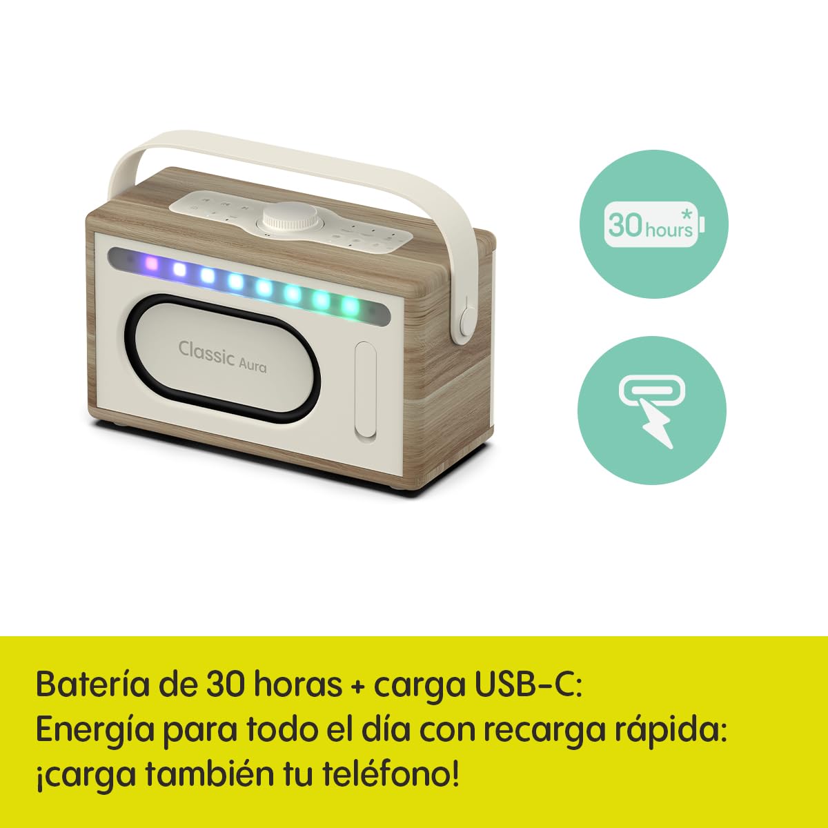 Pure Classic Aura Altavoz Bluetooth portátil 40W con batería 10000mAh, función Powerbank, Luces ambientales, 30h autonomía, USB-C, Entrada AUX, Resistente a Salpicaduras IPX2 – Blanco Algodón/Roble