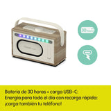 Pure Classic Aura Altavoz Bluetooth portátil 40W con batería 10000mAh, función Powerbank, Luces ambientales, 30h autonomía, USB-C, Entrada AUX, Resistente a Salpicaduras IPX2 – Blanco Algodón/Roble