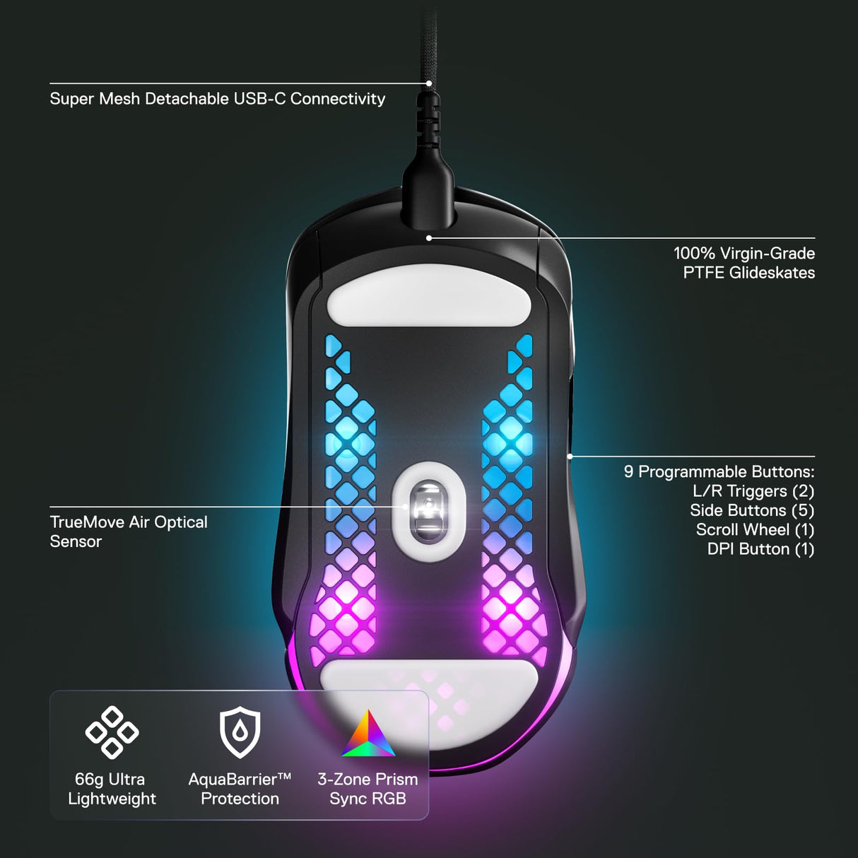 SteelSeries Aerox 5 - Ratón para Juegos Holey RGB - Diseño Ultraligero Resistente al Agua - Sensor óptico TrueMove Air de 18 K dpi