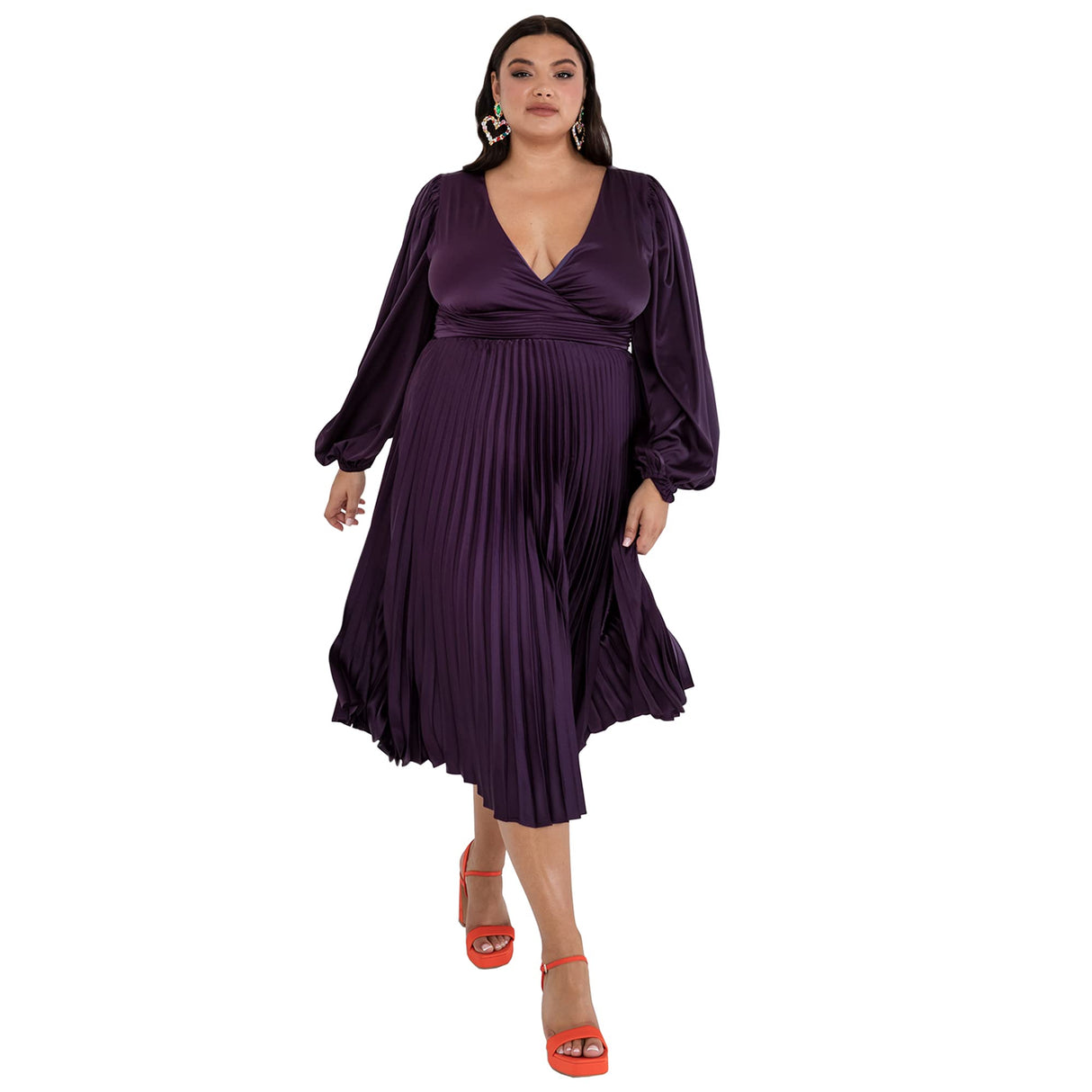 Lovedrobe Pleated Midaxi Dress Ladies Evening Gown V Neckline Back Keyhole Long Sleeve Bishop Satin A Line Vestido, Purple, 22 para Mujer
