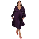 Lovedrobe Pleated Midaxi Dress Ladies Evening Gown V Neckline Back Keyhole Long Sleeve Bishop Satin A Line Vestido, Purple, 22 para Mujer